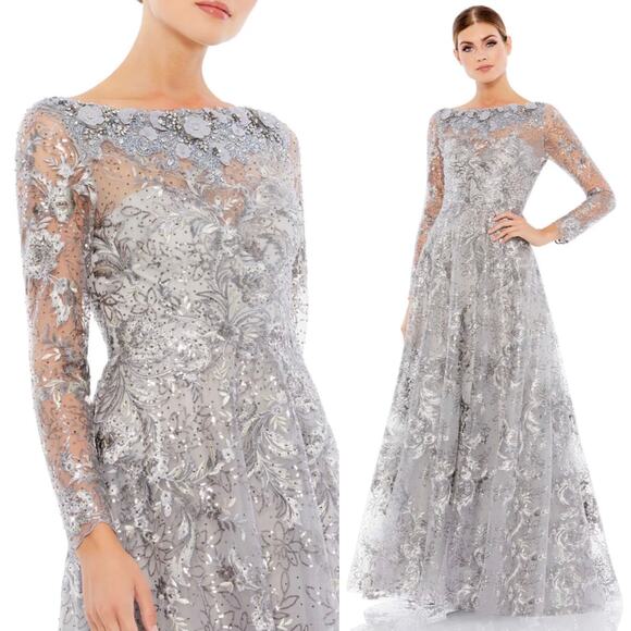 Mac Duggal Floral Embroidered Illusion Long Sleeve Gown Silver Size 6 NEW $498 - Picture 1 of 12